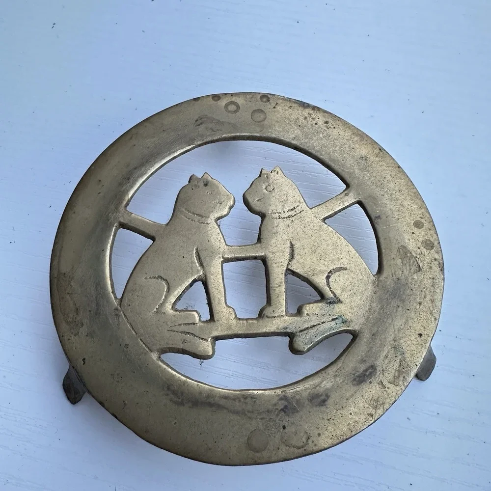Vintage Solid Brass - 2 Kitty Cat Trivet 4